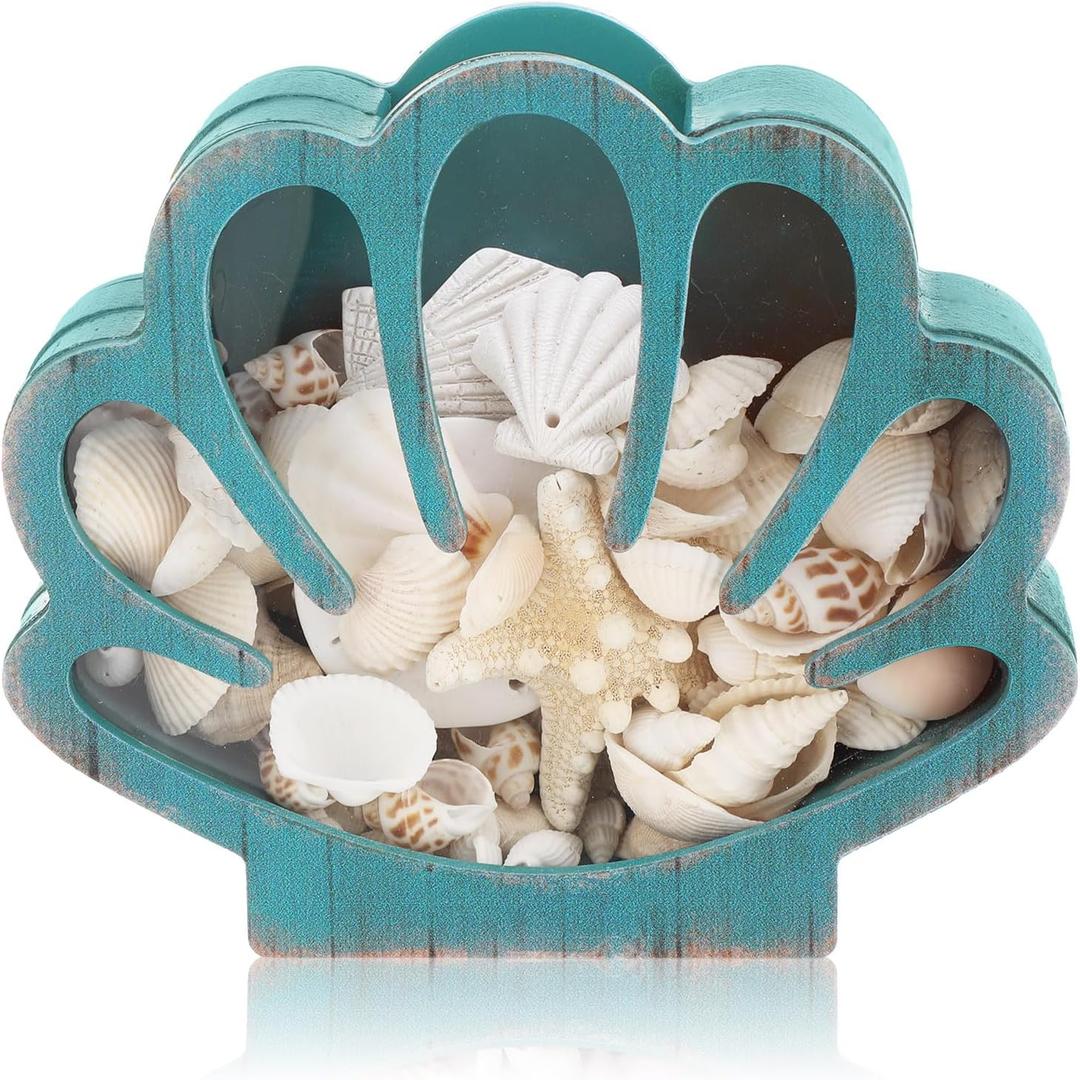 CroBlissful Seashell Holder Seashell Display Box Wooden Small Starfish Shell Display Case with Acrylic Clear Window Shark Tooth Collection Box for Shells Sea Rock Home Decor Present(Green,Shell)