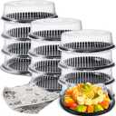 Tessco for you 12 Pack Heavy Duty Repeatedly Plastic Serving Tray with Lid and 24 Pcs Deli Wax Paper Sheets Sets Large Party Platters with Clear Lids Stackable Round Food Serving Trays (Black,16inch)
