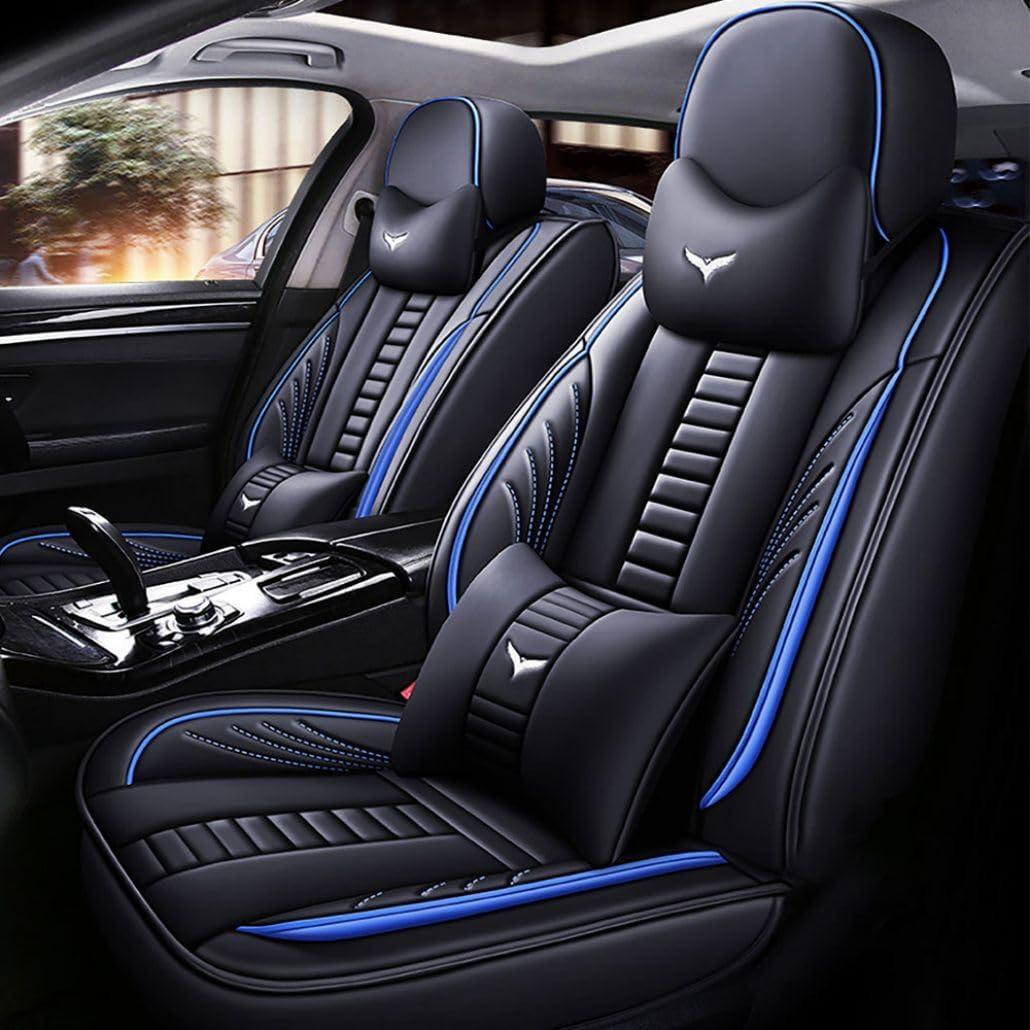 For Toyota RAV4 2008-2025 Car Seat Covers, Full Coverage Customized Seat Covers Premium Leather Waterproof Stain-Resistant Easy to Install (Full Set with Pillows, Black&Blue)