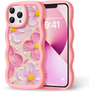 Compatible with iPhone 14 Pro Max Case for Women Girls, Curly Wavy Frame with Cute Pattern, Aesthetic Slim Soft Silicone TPU Bumper Shockproof Phone Case for iPhone 14 Pro Max - Pink Flower