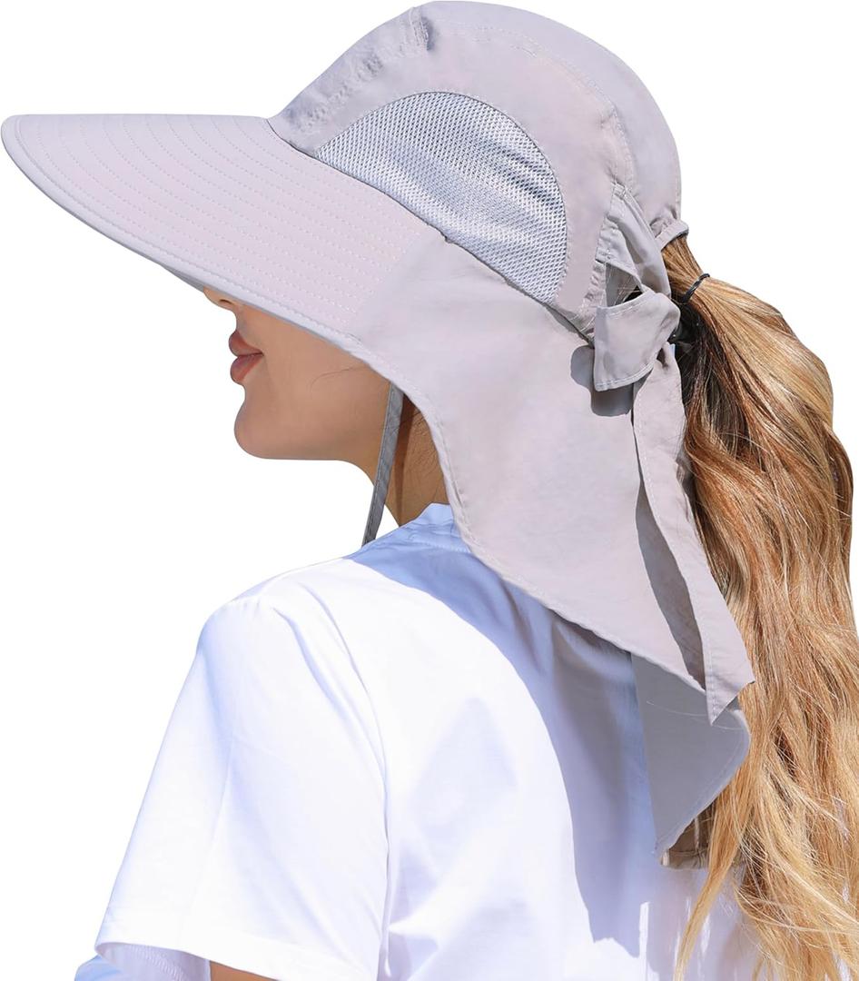 Womens Sun Hat Outdoor UV Protection Wide Brim Fishing Hat with Ponytail Hole Neck Flap for Beach Hiking Camping (One Size)