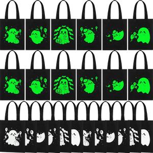 SilTriangle 24 Pack Luminous Halloween Non Woven Tote Bags, 7.9 x 9.8 in Light up Trick or Treat Goodies Bags, Reusable Halloween Candy Gift Tote with Handles for Party Favor Supplies(Ghost Style)