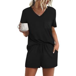 RUBZOOF Women's Short Sleeve Pajama Sets with Pockets Casual V Neck 2 Piece Lounge Sets S-3XL (01-black)