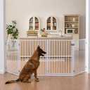 No Pawblems Free Standing Dog Gate with Door, 36'' Tall Foldable Dog Fence for Indoor & Outdoor, Up to 104 Inch Extra Wide Puppy Gate for Stairs, Hallways, Doorways, Deck, Yard (White, 4 Panels)