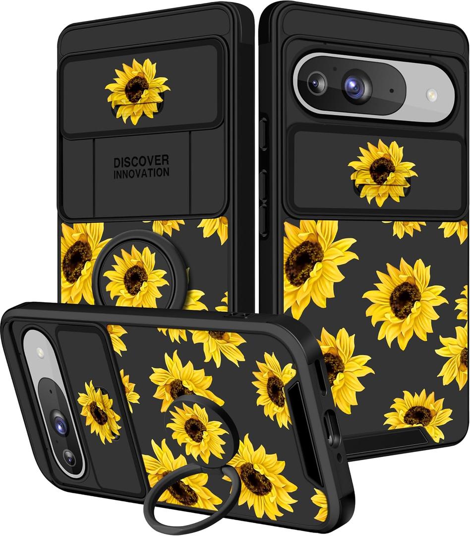 Funermei for Pixel 9 Pro/Pixel 9 Case - Women Girls Cute Phone Cover Girly Pretty Aesthetic Sunflower Flower Floral Unique Design with Camera Cover and Ring Stand Funda for Pixel 9 Pro/Pixel 9