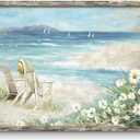 Abstract Beach Framed Painting Artwork: Seaside Chair Wall Art Seascape Hand Painted Painting for Vacation Villa (16" W x 11" H, Multiple Sizes/Material)