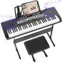 Fujampe Electric Keyboard Piano W/Lighted Keys, Keyboard Stand, Piano Bench, Microphone, Headphones, Note Stickers, Music Stand, Portable Electronic 61 Key Piano Keyboard for Beginners