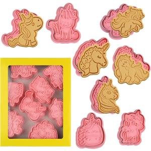 8 Piece Unicorn Cookie Cutter Set With Plunger Stamps - Unicorn Head Embossing Stamps For Biscuit Fondant Cheese Baking