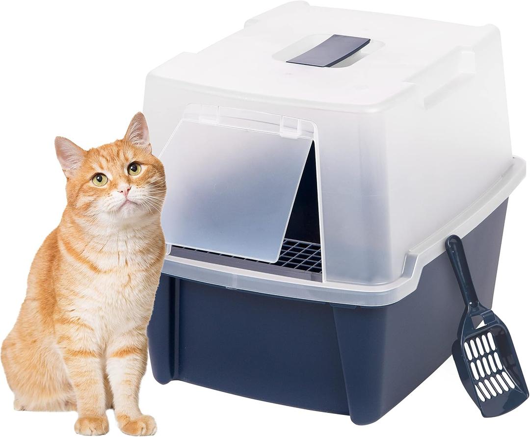IRIS USA Cat Litter Box, Litter Box Enclosure with Scoop and Front Door Flap, Covered Kitty Litter Box for Privacy, Portable, Easy to Clean, Navy (1 Count (Pack of 1))