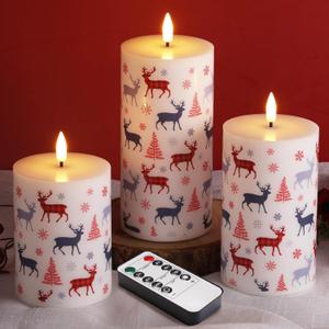 Christmas Flameless Pillar Candles with Remote, Red Buffalo Plaid Reindeer Holiday Decor, Xmas LED Candles Set of 3 (Reindeer Snowflakes Tree)