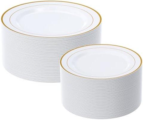 FOCUSLINE Gold Plastic Plates Set of 60, Disposable Plates with Gold Rim 30 Dinner Plates 10" and 30 Salad Dessert Appetizer Plate 7", Elegant Fancy Heavy Duty Wedding Party Plates