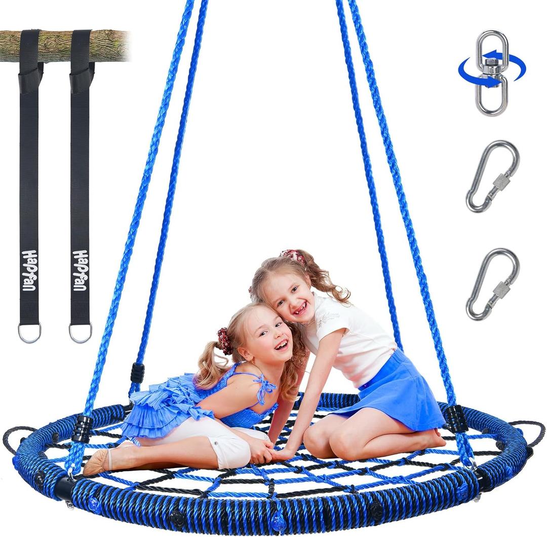 Hapfan 40'' Spider Web Tree Swing, 750 lbs Outdoor Saucer Net Swing with Swivel and 9.8 FT Hanging Straps, Backyard Play Set Accessories (Blue)