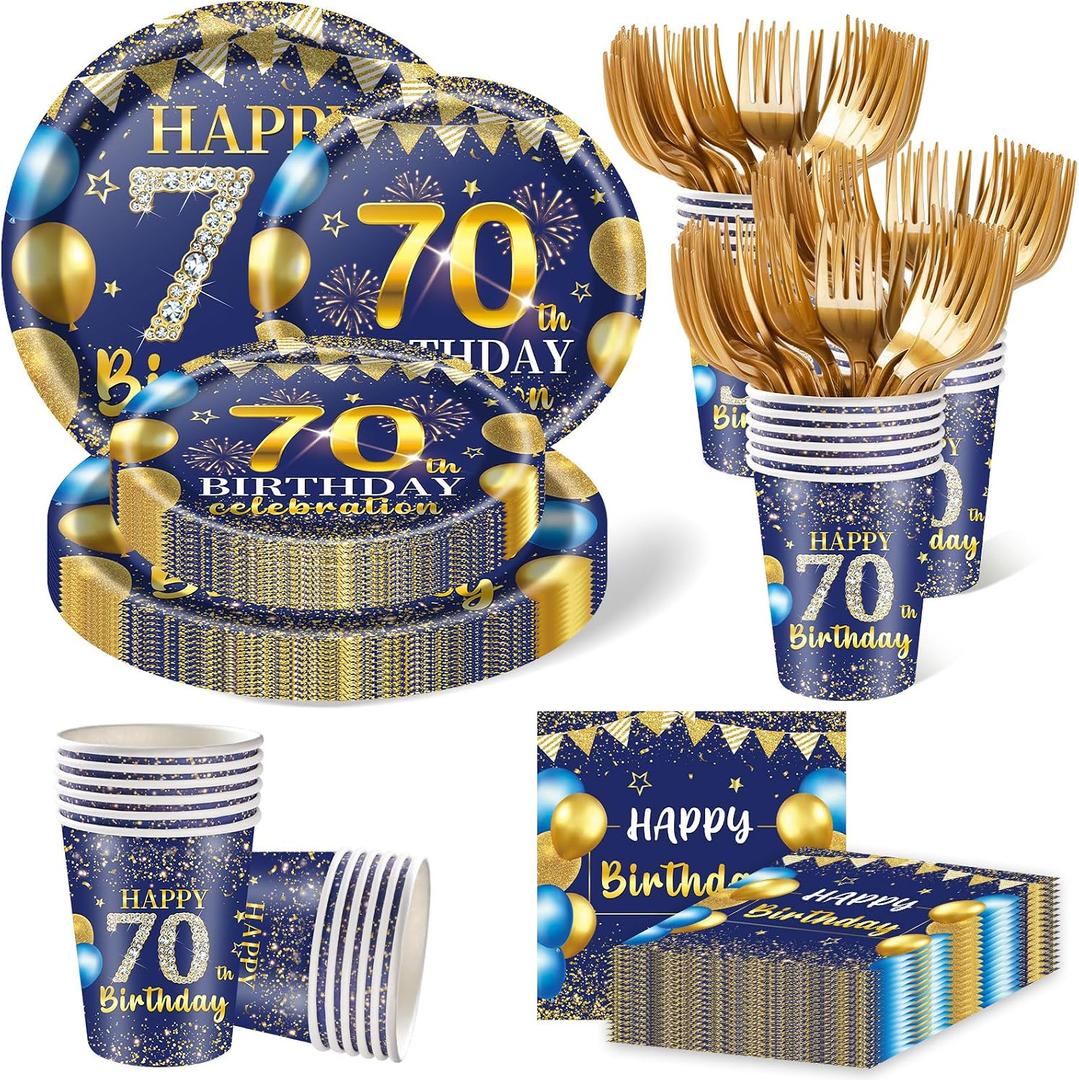 250PCS 70th Birthday Party Decorations for 50 Guests Blue and Gold Party Supplies for Men Include Disposable Paper Plates, Napkins, Cups, and Disposable Plastic Cutlery (70)