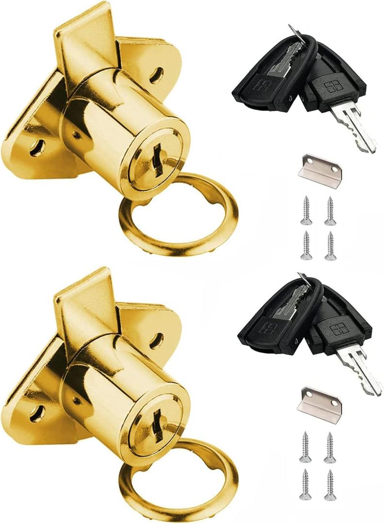 801 Office Furniture Desk Drawer Lock Cabinet Door Locker with 4 Keys 7/8 in. Outside Diameter (2 Packs, Gold, keyed alike2)