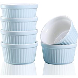 Ramekins 6oz Oven Safe, Creme Brulee Ramekin and Souffle Dishes, Porcelain Baking Bowls, Dipping Sauce Dish.Pudding Cups, Set of 6, Blue.