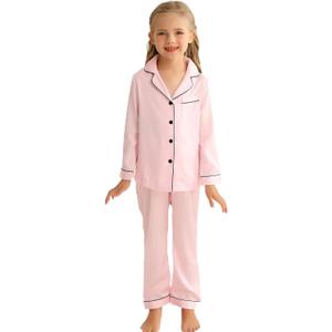 Veseacky Pajama Set for Kid Baby Boy Girl Button-up Silk Sleepwear Clothes Set Gifts for Kids (Pink, 120)