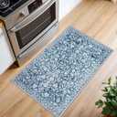 Vintage Entryway Rug 2x3, Blue and White Washable Accent Rug, Non-Slip Small Area Carpet, Floral Print Faux Wool Soft Door Mat for Indoor Entrance, Front Door, Kitchen, Bedside