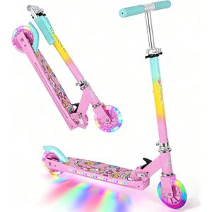 Scooters for Kids with Light-Up Wheels, Stem and Deck, Lightweight Foldable, 3 Adjustable Height Scooters for Kids 8-12 (Pink)