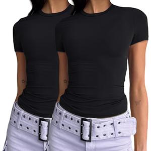Dwnval Womens 2 Piece Sexy Casual Short Sleeve Crewneck Shirts Summer Slim Fit Cute Crop Tops (Black, XL)