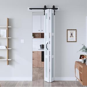 EaseLife 28"x 84" (Double 14" x 84") Bifold Barn Door, Bifold Sliding Barn Door with Hardware Kit, Solid MDF Wood Slab Covered with Water-Proof PVC Surface, Frosted Glass Panel, Assembly Required