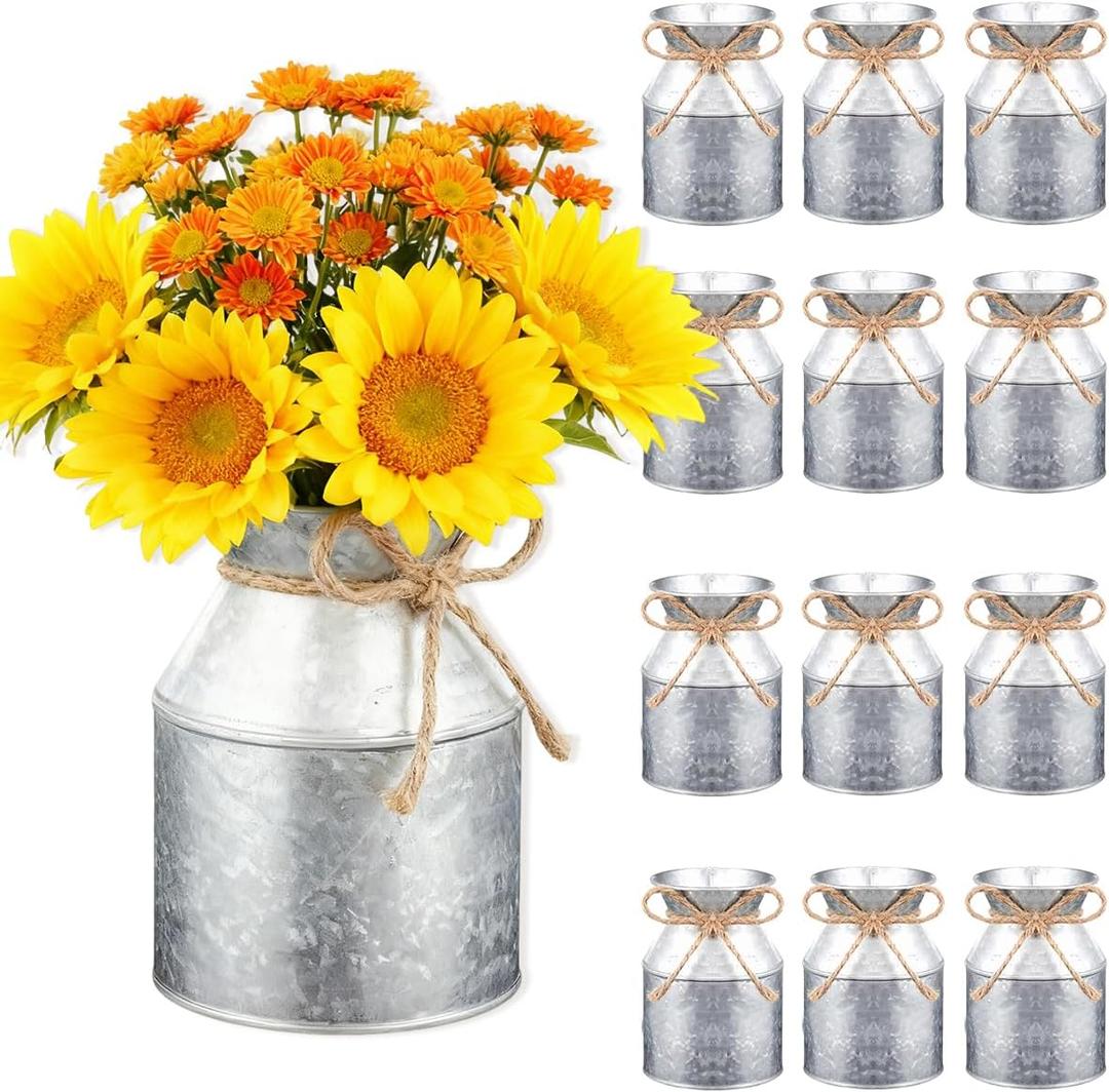 12 PCS 5.12in Rustic Vases Metal Galvanized Milk Can with Bow Vintage Flower Bucket Suitable for Centerpiece Anniversary Wedding Birthday Party Floral Arrangement