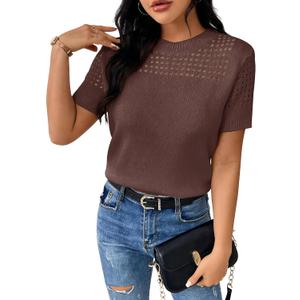 RICHSTORY Womens Spring Fashion 2026 Casual Crewneck Short Sleeve Sweater Soft Lightweight Hollow Out Knit Tunic Blouse Summer Sweater for Women Coffee Large