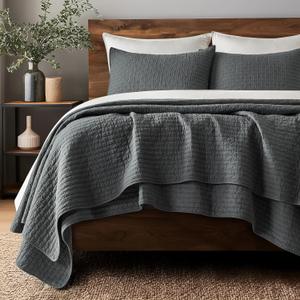 EVERGRACE Cross Stitch Pre-Washed Cotton Quilt Bedding Set Queen Size, Oversized Lightweight Bedspread Coverlet for All Season, Charcoal, 92"x96"
