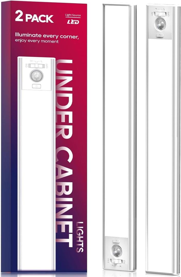 Under Cabinet Lighting, 3200mAh Rechargeable Motion Sensor Light Indoor, LED Battery Operated Cabinet Lights, Dimmable Closet Light, Wireless Under Counter Lights for Kitchen (2pack) (13 inch)