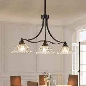 3-Light Vintage Pendant Light Fixtures for Dining Room,Black Kitchen Island Hanging Light with Flower Lampshade, Adjustable Height Ceiling Island Lamp for Kitchen Table Hallway