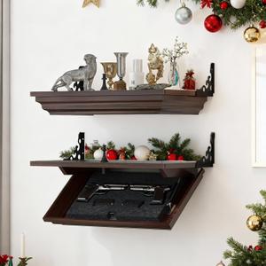 Gurexl 24''L x 13''W x 4''D Gun Rack with Magnetic Lock, Compact Gun Shelf with Secure Hidden Compartment for Wall Mount Display, Indoor Storage Security Safe Box for Home, Dark Rustic