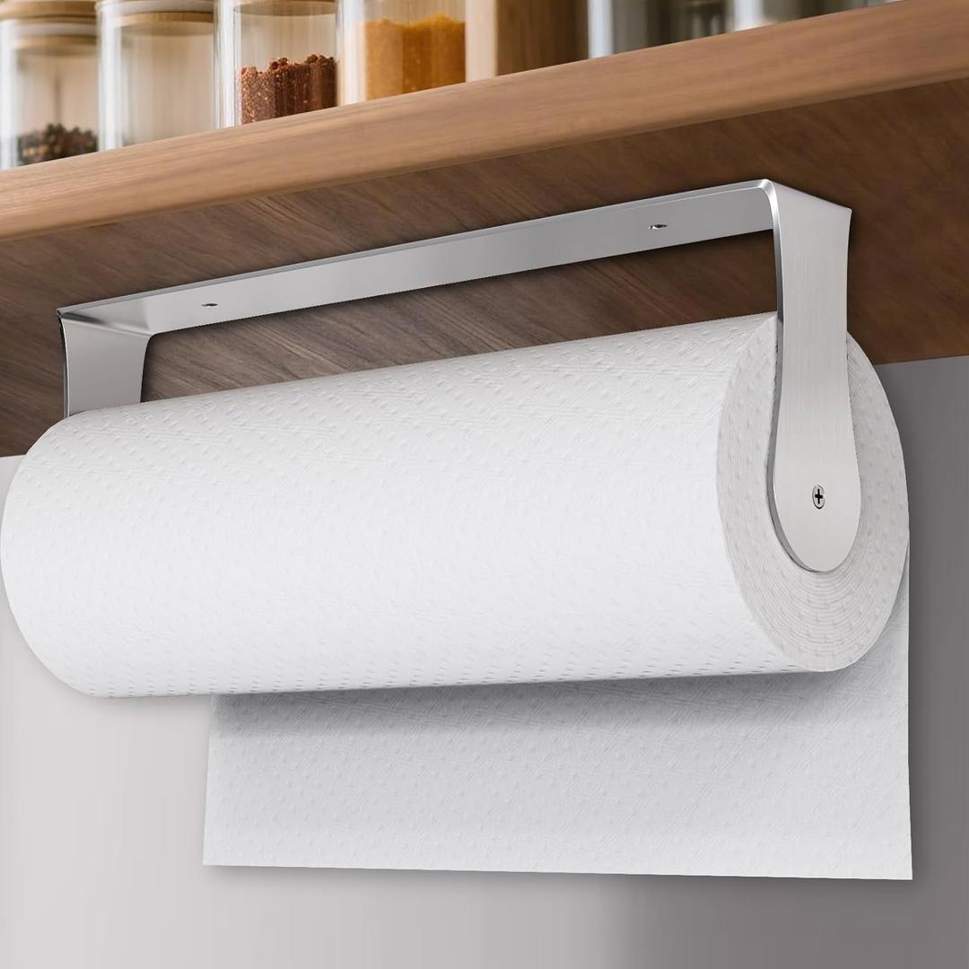 Paper Towel Holder Under Cabinet, Wall Mount, Stainless Steel, Adhesive Paper Towel Rack for Kitchen and Bathroom, Silver