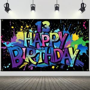 13th Birthday Banner Backdrop for Boys Girls, Graffiti Style Colorful Paint Splash Happy Birthday Fabric Backdrop, Teen Birthday Party Decorations for Wall Photo Background 6.1 3.6 ft HTDZZI