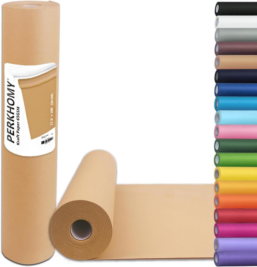 PerkHomy Brown Kraft Paper Roll 17.5" x 1,200" (100') for Gift Wrapping Bulletin Board Craft Art Bouquet Flower Packing Valentines Easel Moving Shipping Floor Poster Covering Table 70GSM 50LB