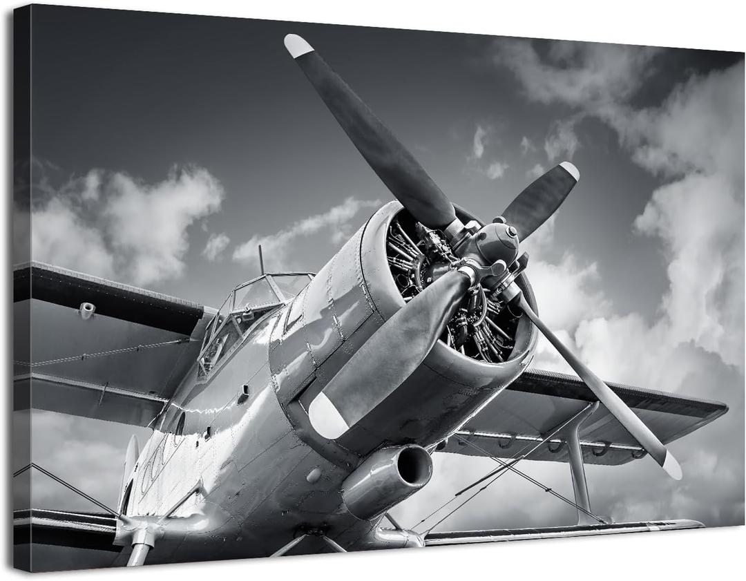 Black and White Wall Art Airplane Wall Decor Vintage Aviation Pictures Airplane Propeller Canvas Prints Painting Retro Military Fighter Poster Artwork for Men Office Living Room Home Decoration 12x16