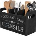 3 Compartment Wooden Utensil Holder, Black Farmhouse Kitchen Organizer with Removable Dividers for Countertop Storage Utensil Caddy, 10.6x4.1x6.1 Inch