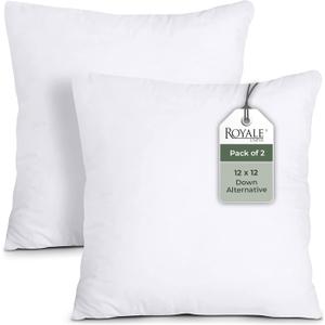 ROYALE LINENS 12 x 12 Pillow Insert - Down Alternative Throw Pillows Insert - Square Pillow Pack of 2 White - Bed & Couch Pillows - Inner Cushion for Bed, Cushion for Living Room - Shams Stuffer