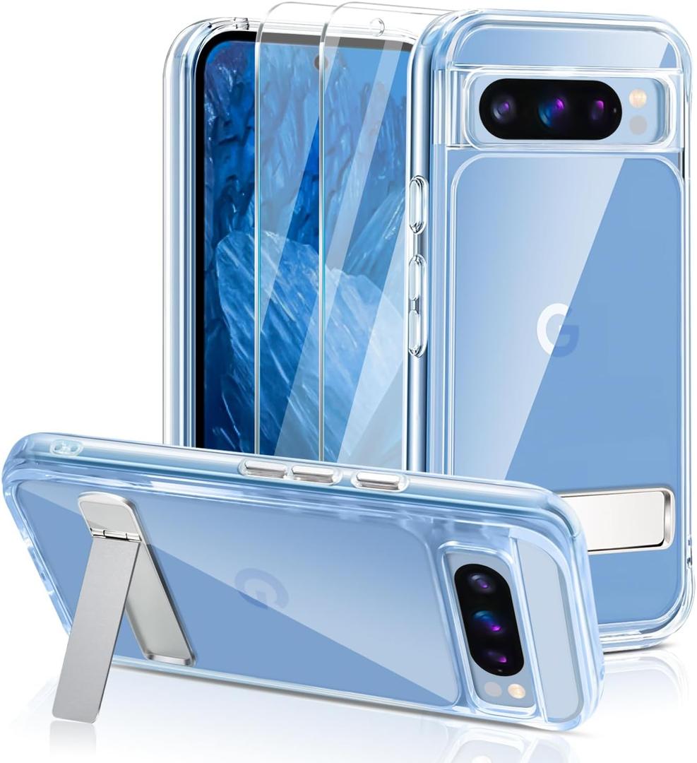 for Google Pixel 9/ Pixel 9 Pro Case, with Metal Kickstand + 2 Pack Screen Protector, Anti-Scratch, [Anti-Yellow] [Military Grade Shockproof], Hard PC Back Case for Pixel 9/ Pixel 9 Pro