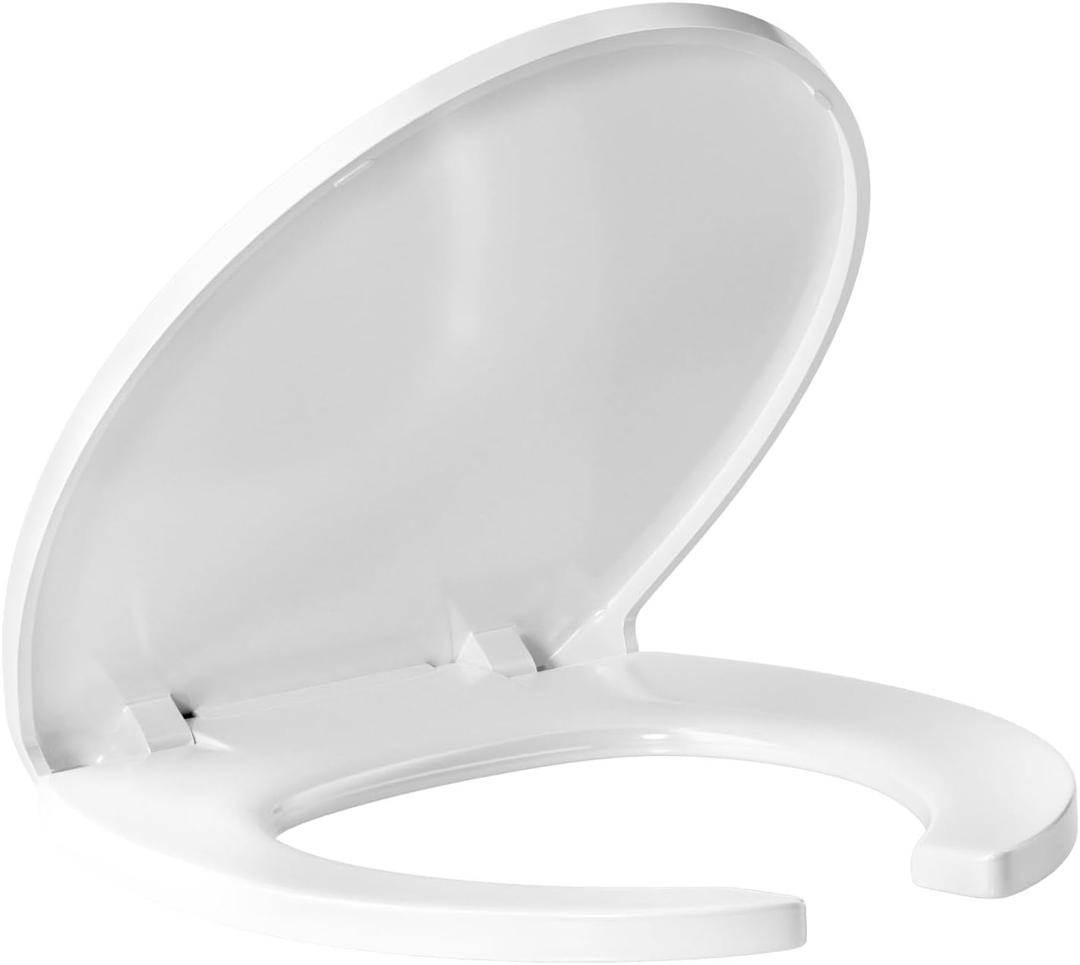 Open Front Toilet Seat Round, Soft Close Commercial Plastic Seat | White Toilet Seat with Lid | For Rental & Commercial Use | 4 Non-Slip Bumpers | Heavy Duty | Fits 16.5" Bowls