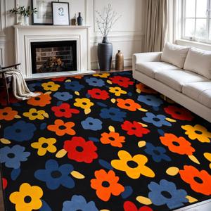 ASPMIZ 8x10 Area Rugs Clearance, Floral Rugs for Living Room, Black Flower Bedroom Rug, Spring Summer Washable Rug Non Slip, Low Pile Carpet Non Shedding, Soft Throw Rugs for Dinning Room, Black