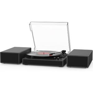 Vinyl Record Player with Dual Stereo Bookshelf Speakers Vintage Turntable with Bluetooth Wireless Playback Belt Drive 3-Speed Playback Record Player Support RCA Out Auto Stop (Black)