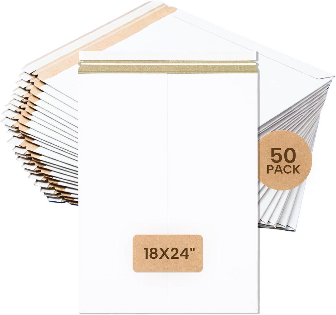 BOX USA Rigid Mailers 18" x 24" (50-Pack) - Cardboard Mailer Envelopes for Oversized Posters, Artwork, Blueprints - Stay Flat