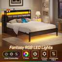 Rolanstar Bed Frame Queen Size with Charging Station and LED Lights, PU Leather Headboard with Storage Shelves, Heavy Duty Metal Slats, No Box Spring Need, Noise Free, Easy Assembly, Black