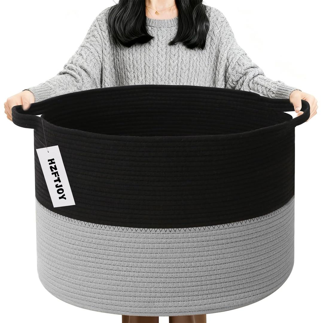 90L Large Blanket Basket,Woven Laundry Basket-Black&Light Grey