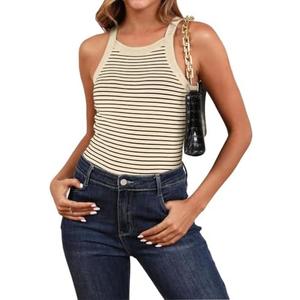 Nfsion Womens Summer Casual Cotton Striped Tank Tops Sleeveless Racerback Basic Ribbed Slim Fitted Gym Yoga Athletic Tee, XL