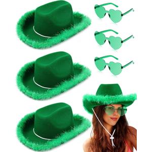 Tarpop 3 Pack Cowgirl Hat with Feather Heart Sunglasses Western Cowboy Hat Set for Bachelorette Party Preppy Costumes Wedding (Green)