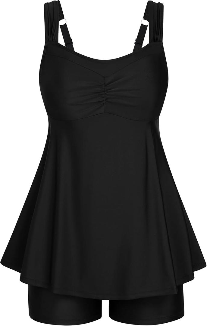 HUSKARY Tankini Swimsuits for Women Tummy Control Two Piece Bathing Suit Flowy Swim Tank Top with Boyshorts (Black, 16W)