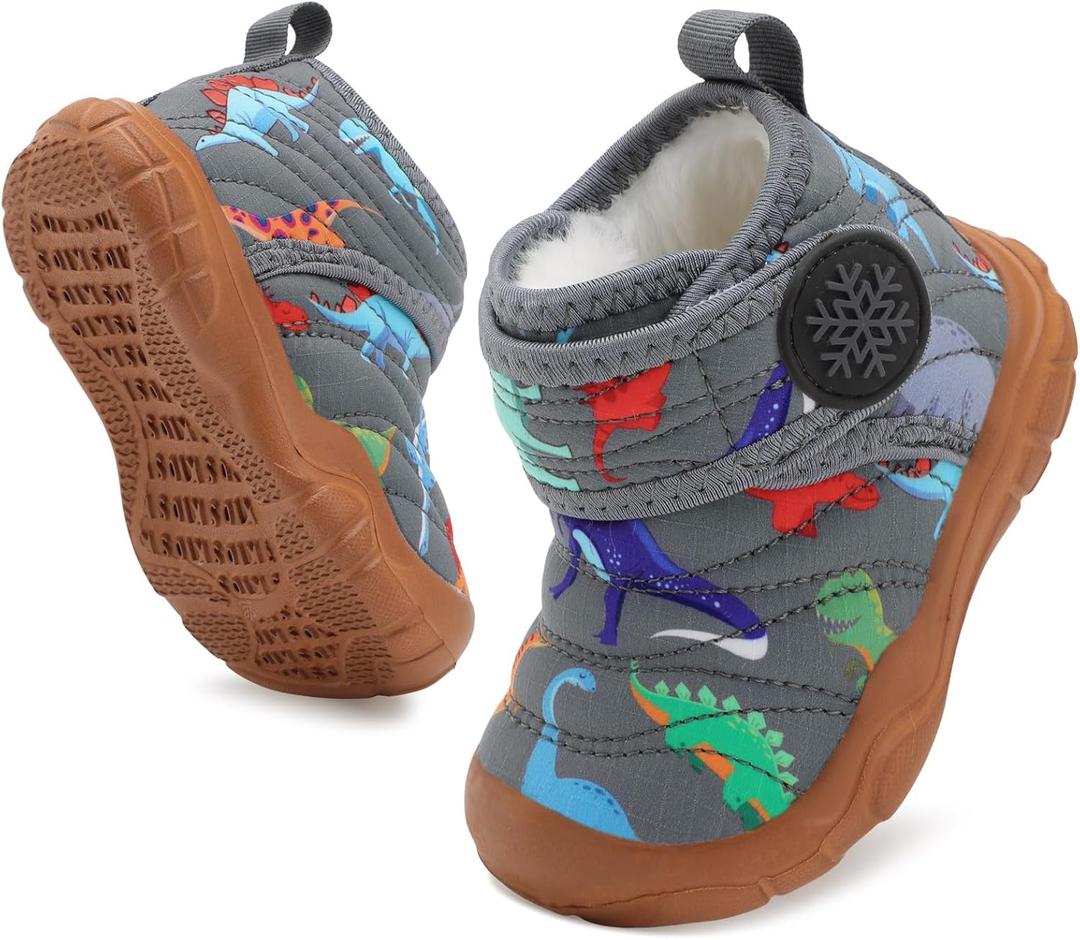 BARERUN Barefoot Baby Boys Girls Boots Warm Winter House Shoes for Toddler Girls Boys Waterproof Fleece Kids Snow Boots Faux Fur Infant Booties Walking Shoes for Indoor Outdoor (2-2.5 Years Toddler, Grey Dinosaur)