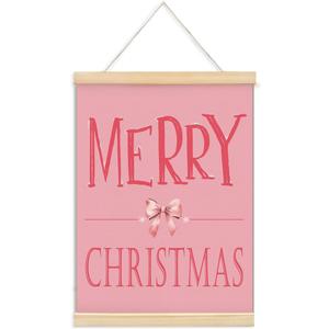 ShowDraven Pink Christmas Wall Art Decor Hanger Frame, Pink Christmas Decorations Wall Decor Outdoor Indoor for Kitchen Bedroom Bathroom Office, 12x16 Inch (merry christmas bow)