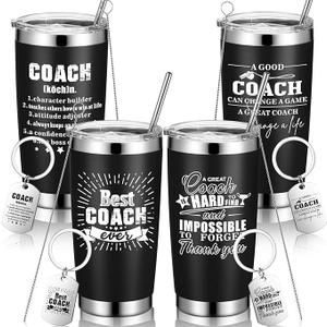 4 Sets Coach Gifts Best Coach Ever Stainless Steel Tumbler Coffee Mug with Keychain 20 oz Appreciation Gift Travel Tumbler for Soccer Volleyball Football(Artistic Pattern,Black)