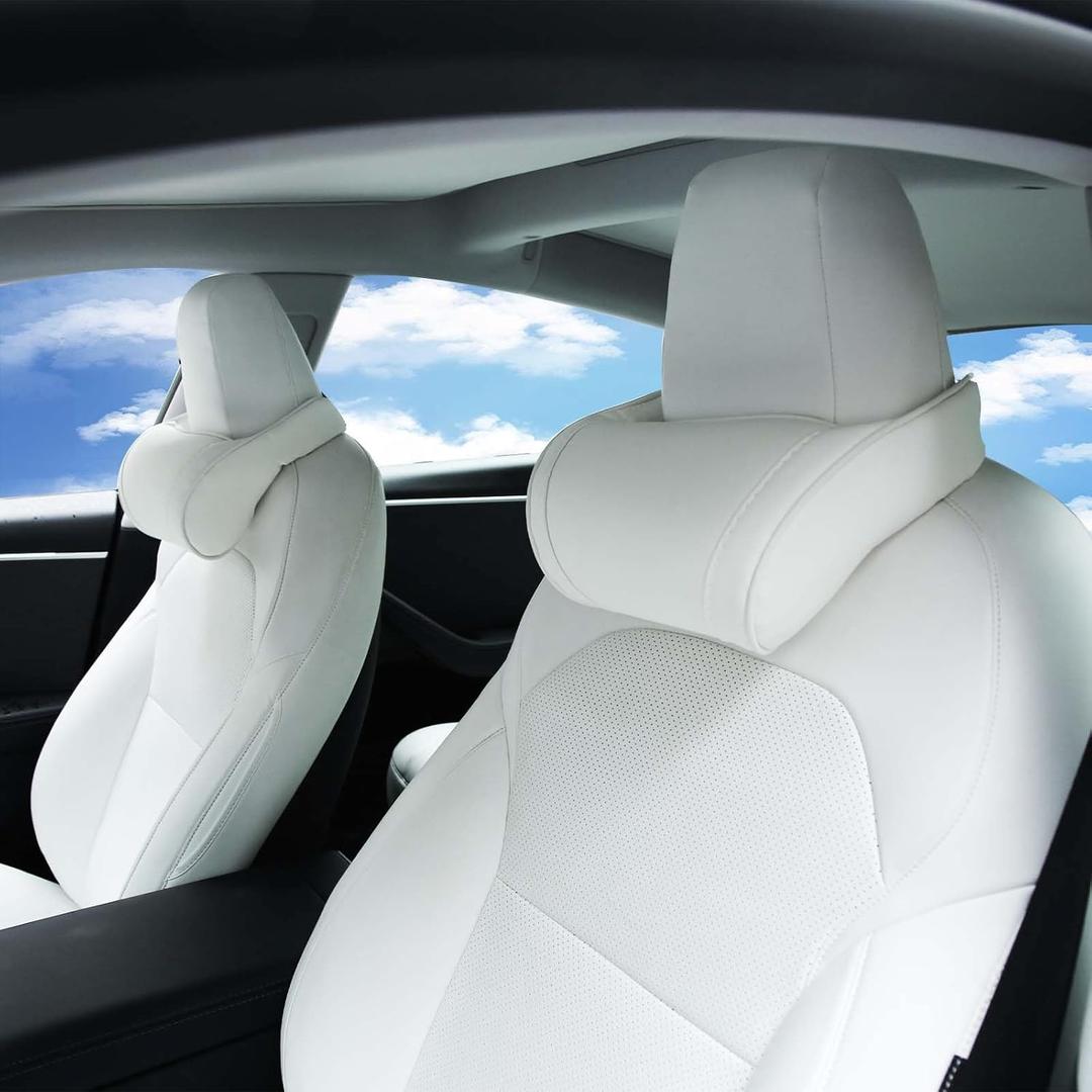 TOPABYTE Car Neck Pillow for Tesla Model 3 Model Y Model S Model X Cybertruck and Most Cars, Memory Foam Ergonomic Design Seat Neck Support Headrest, 2 Pieces, White